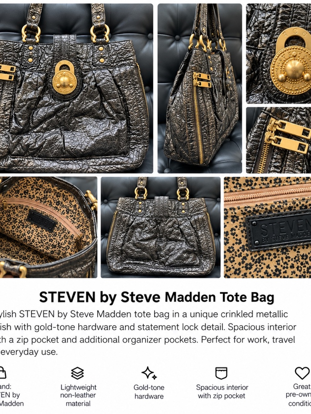 STEVEN by Steve Madden Black Metallic Tote with Gold Hardware